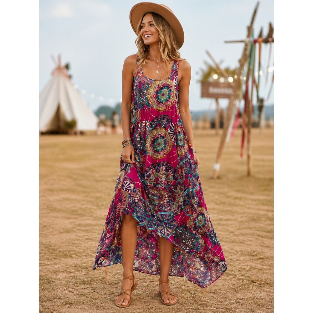 Hippie Bottoms High Low Dress Womens Medium Pink Silky Polyester Boho Festival